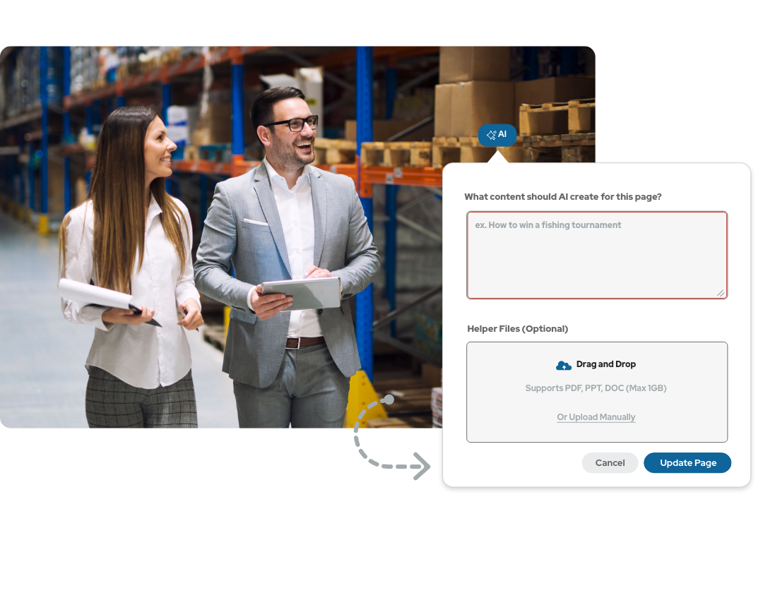 Two employees walking down a warehouse aisle