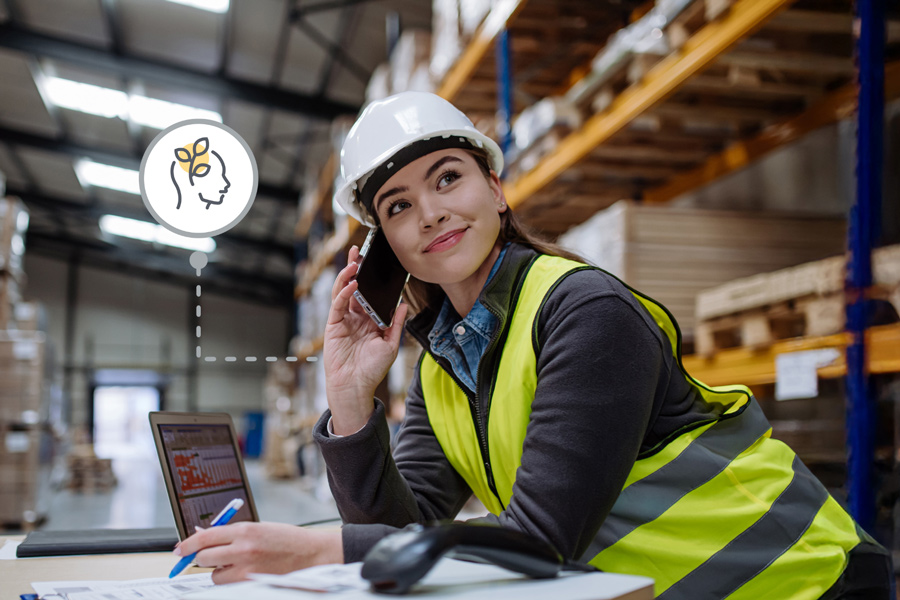 Women in a safety vest in a warehouse talking on the phone.