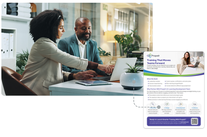 A sales representative demonstrating the course builder to a customer