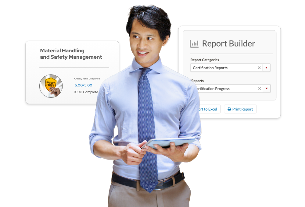 A compliance manager holding a tablet device