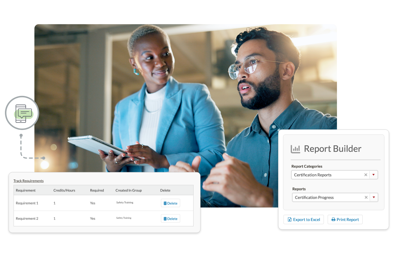 Two professionals reviewing reports in the Propelr report builder
