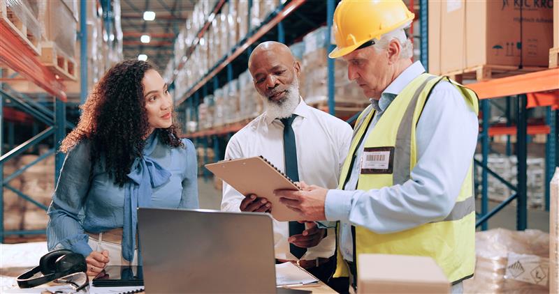 Three people in a warehouse looking at papers with a laptop in front of them.